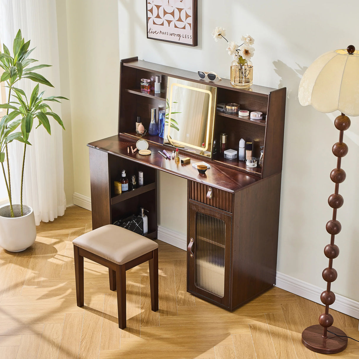 Vanity Desk With Hutch Mirror Storage And Drawers Walnut - Furniture Home Direct
