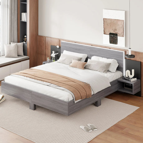 Floating Platform Bed, With LED Lights, Bedside Nightstand - Furniture Home Direct