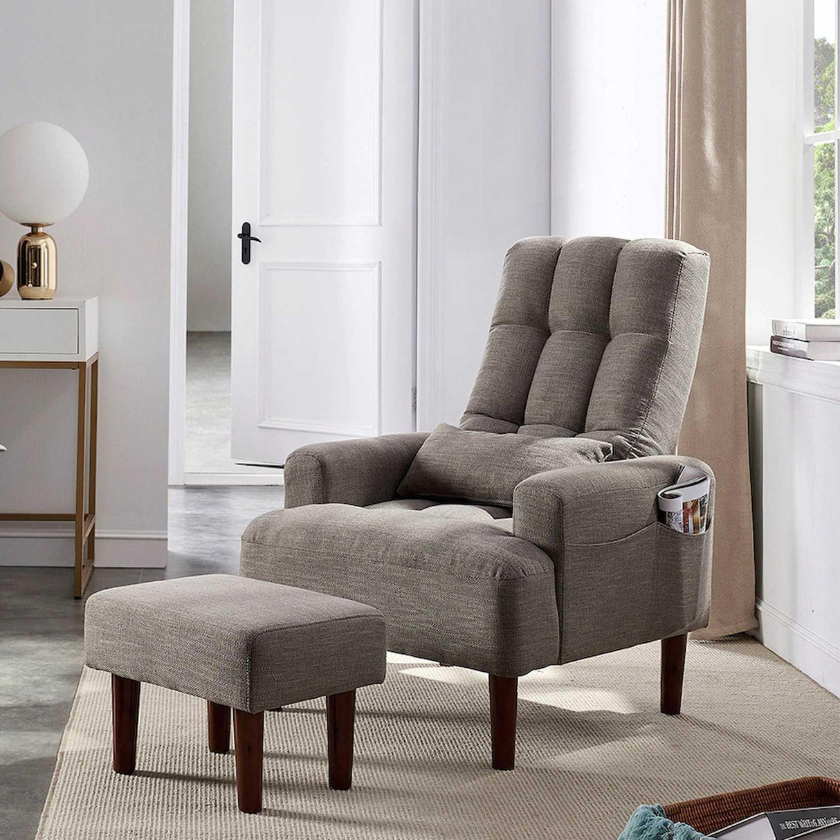 Living Room Sofa Single Chair And Ottoman, Modern Multi-Function Fabric Living Room Sofa Lounge Chair Bed And Stool. Soft Leisure Single Chair Adjustable Into 5 Angles With Sofa Bed - Furniture Home Direct
