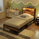 Modern Twin Size Metal Platform Bed Frame With Storage Headboard And Charging Station - Brown - Furniture Home Direct