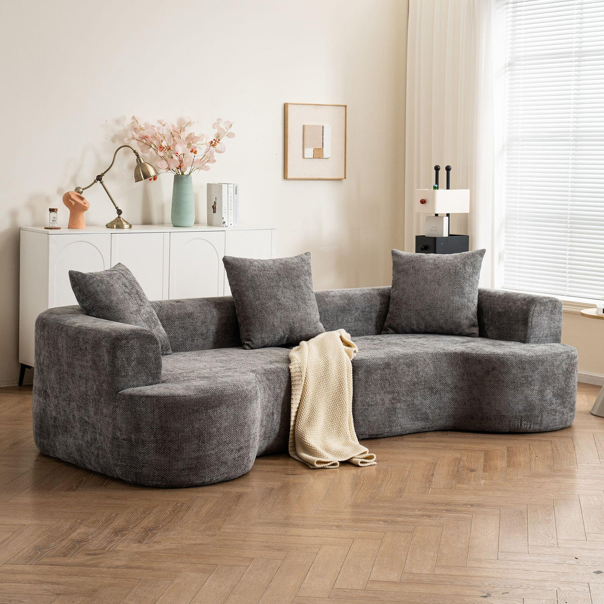 Modern Style Ultra Smooth Curved Sofa With 3 Pillows - Furniture Home Direct
