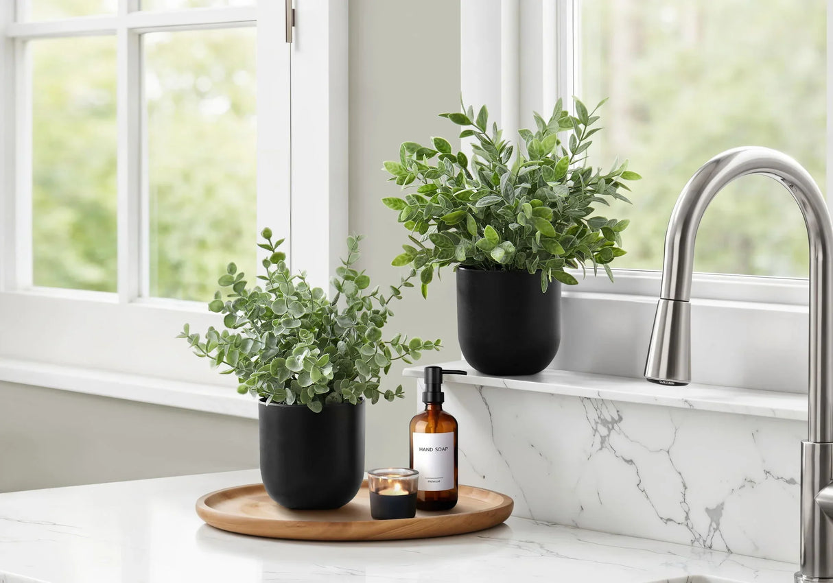 11" Tall, Artificial Plant, Eucalyptus Grass, Indoor, Faux, Fake, Table, Greenery, Potted, Decorative (Set of 2) - Green / Black - Furniture Home Direct