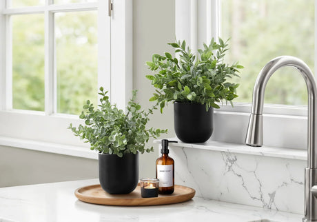 11" Tall, Artificial Plant, Eucalyptus Grass, Indoor, Faux, Fake, Table, Greenery, Potted, Decorative (Set of 2) - Green / Black - Furniture Home Direct