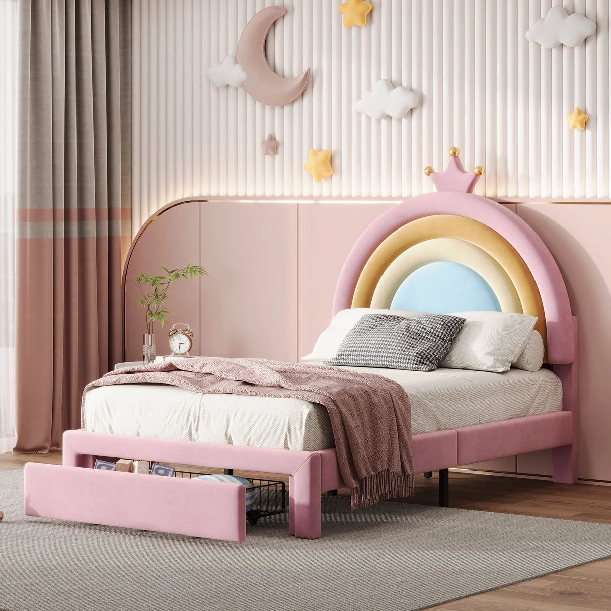 Upholstered Rainbow Design Bed, Velvet Princess Platform Bed With Storage Drawer - Furniture Home Direct