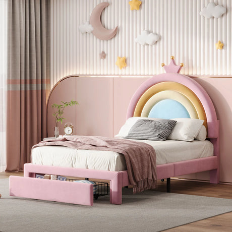 Upholstered Rainbow Design Bed, Velvet Princess Platform Bed With Storage Drawer - Furniture Home Direct