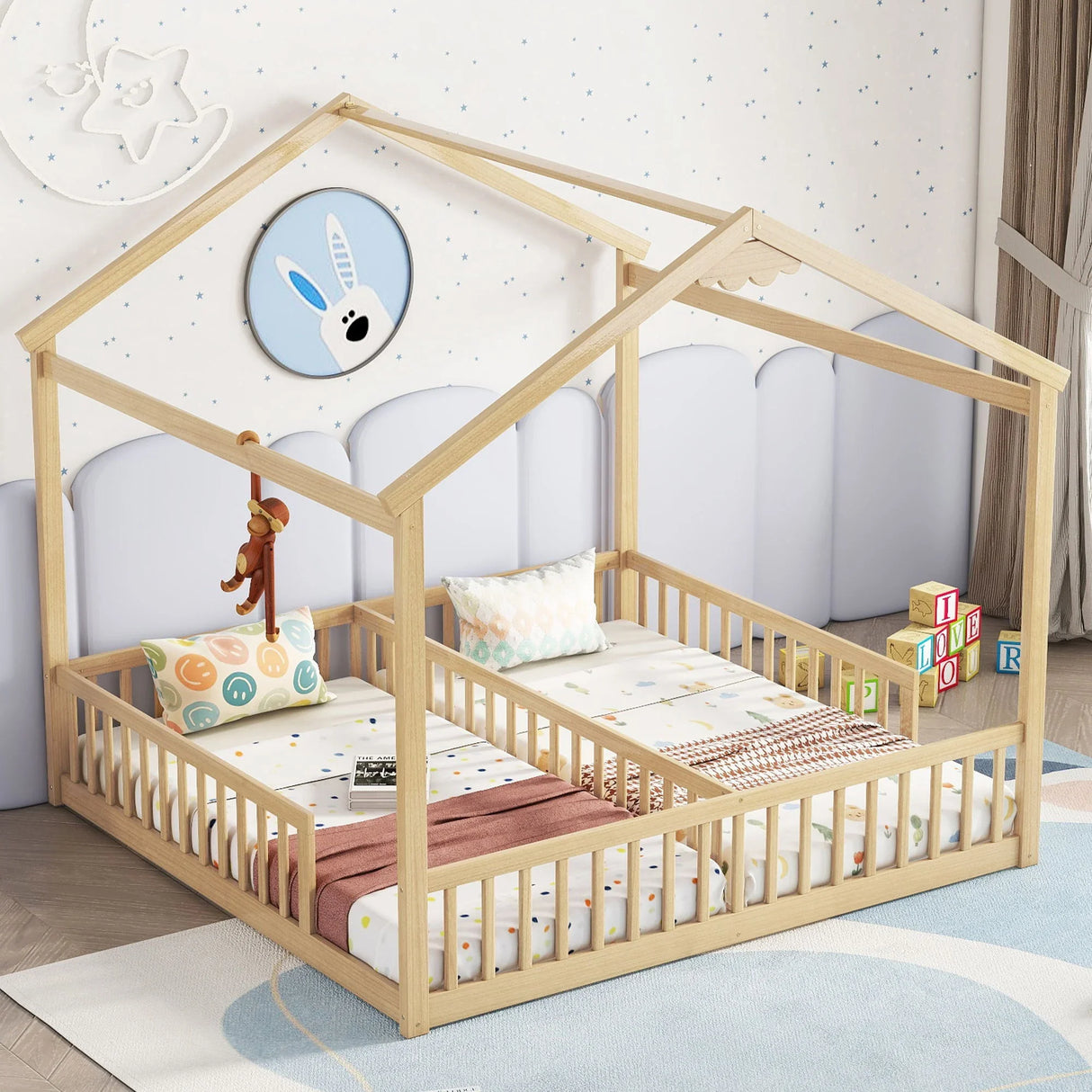 Double Twin House-Style Floor Bed With Fence, Guardrails, Without Door - Furniture Home Direct
