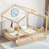 Double Twin House-Style Floor Bed With Fence, Guardrails, Without Door - Furniture Home Direct