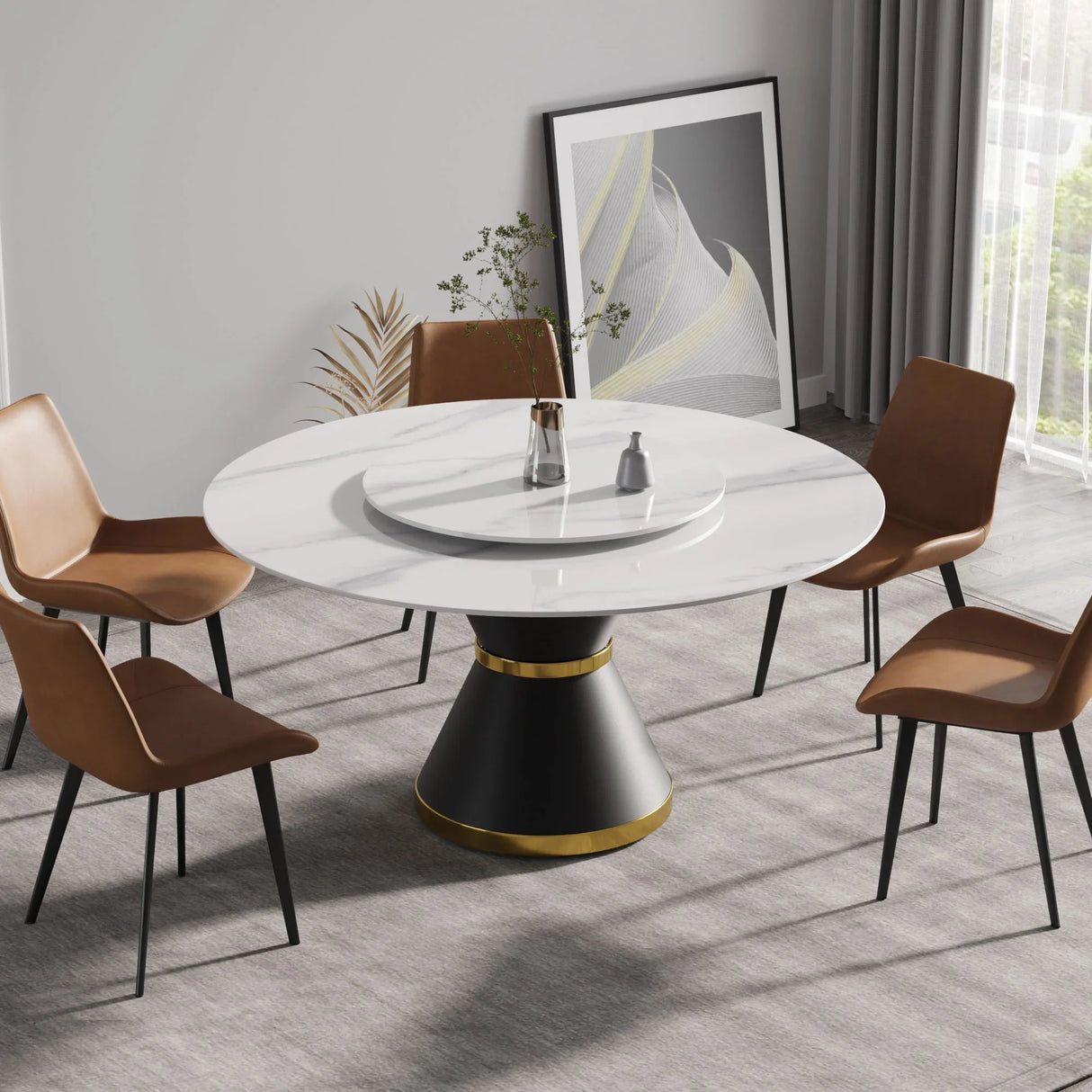 Modern Artificial Stone Round Carbon Steel Base Dining Table Stone Turntable - Furniture Home Direct