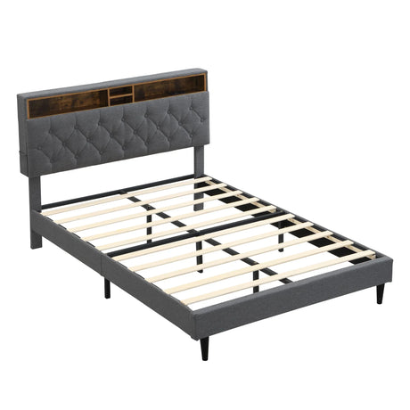 Modern Upholstered Platform Bed Frame With Button Tufted Headboard And USB Ports - Furniture Home Direct