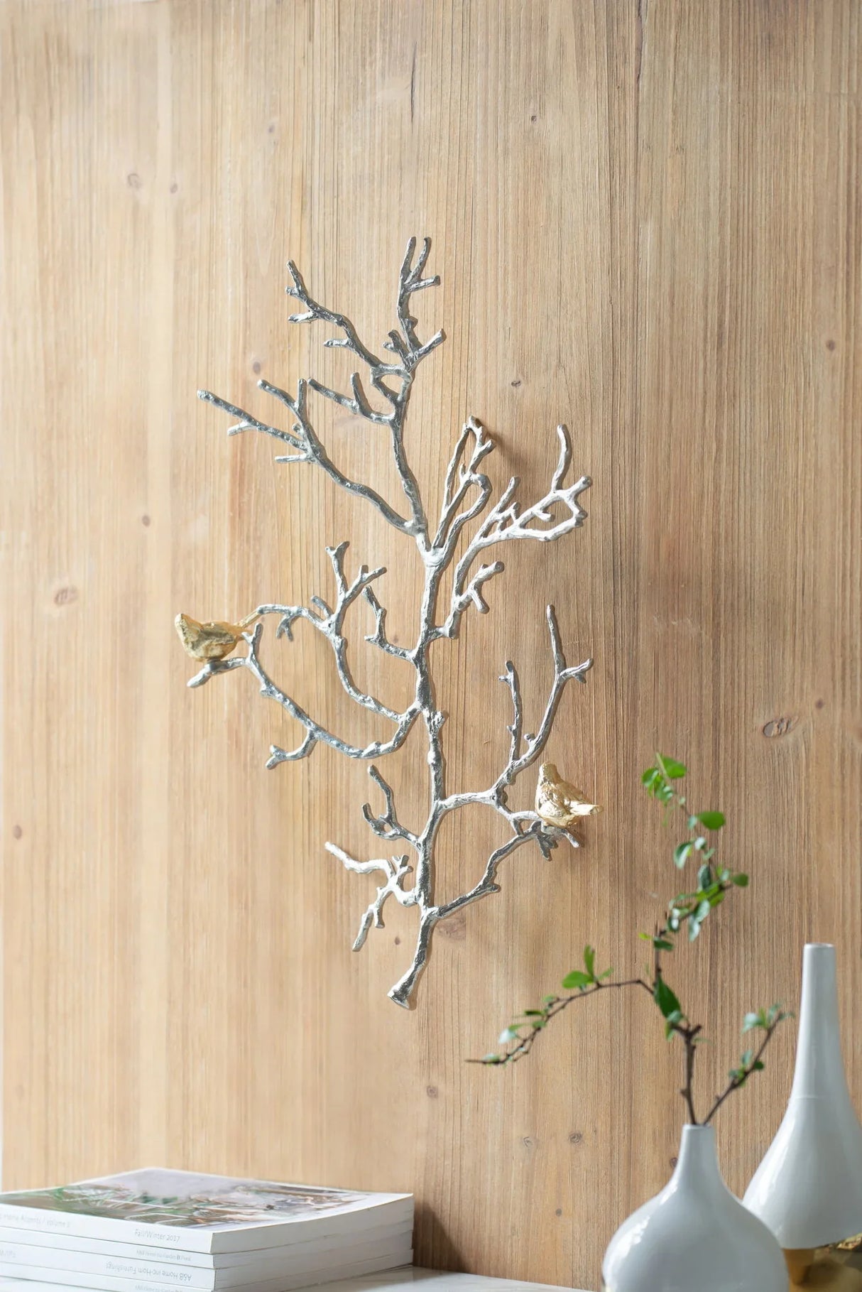 Metal Branch Wall Sculptures With Bird Accents (Set of 2) - Silver Multi - Furniture Home Direct