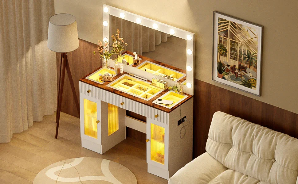 Vanity Desk With Large Mirror And Hollywood Bulbs White - Furniture Home Direct