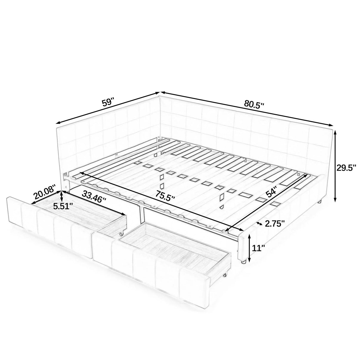 Mid-Century Storage Upholstered Tufted Bed Frame With Backrest And Armrests - Furniture Home Direct