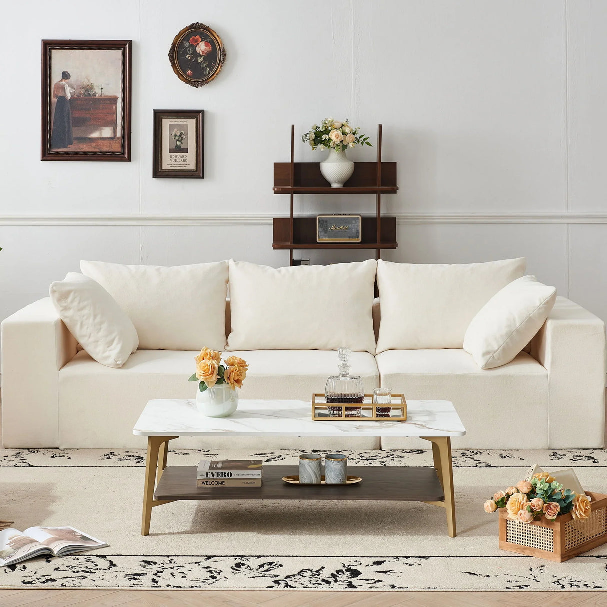 Coffee Table Rectangular Center Table For Living Room Open Space Side Table With Metal Frame - Golden / White - Furniture Home Direct