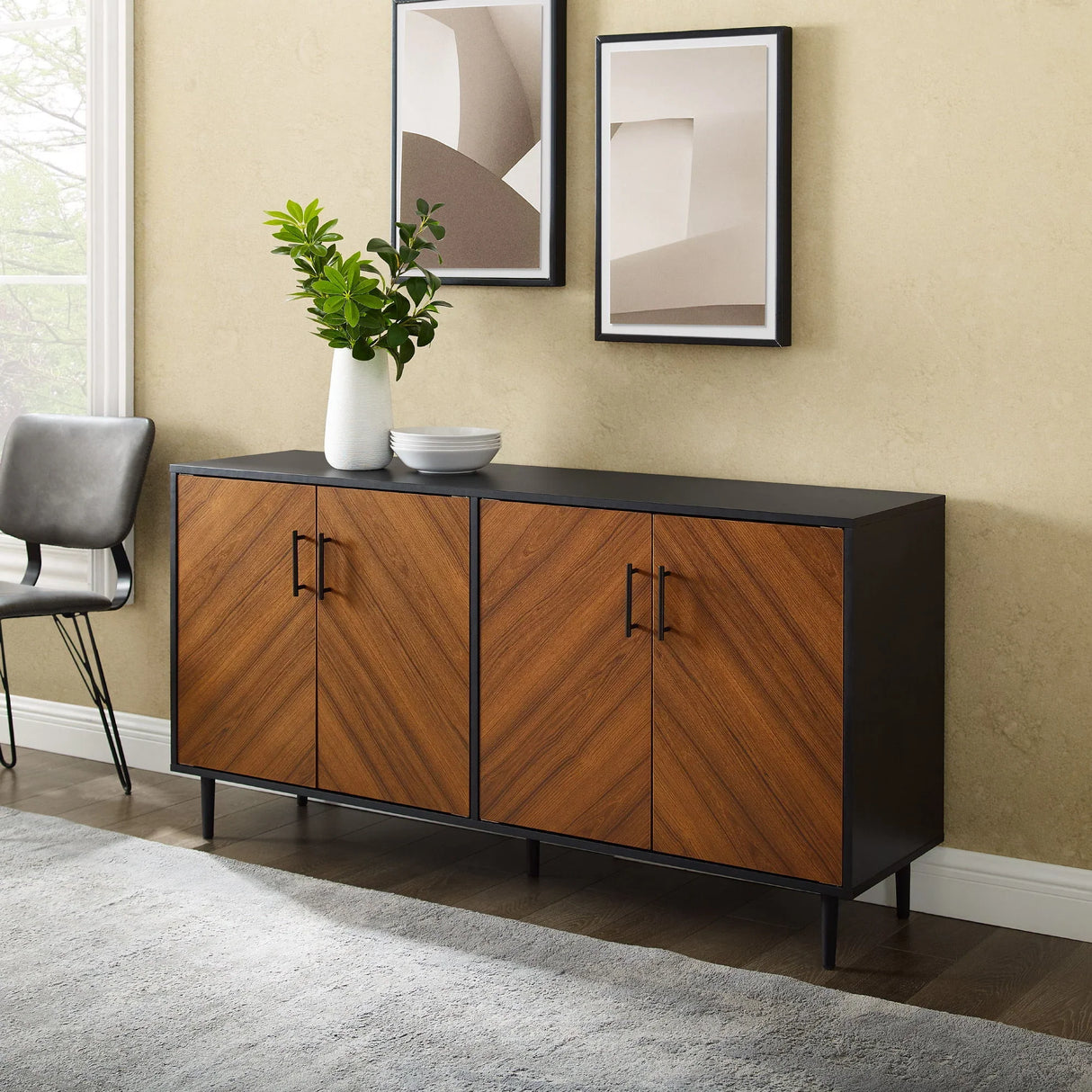 Mid-Century Modern Faux Bookmatch Door Buffet - Acorn / Solid Black - Furniture Home Direct