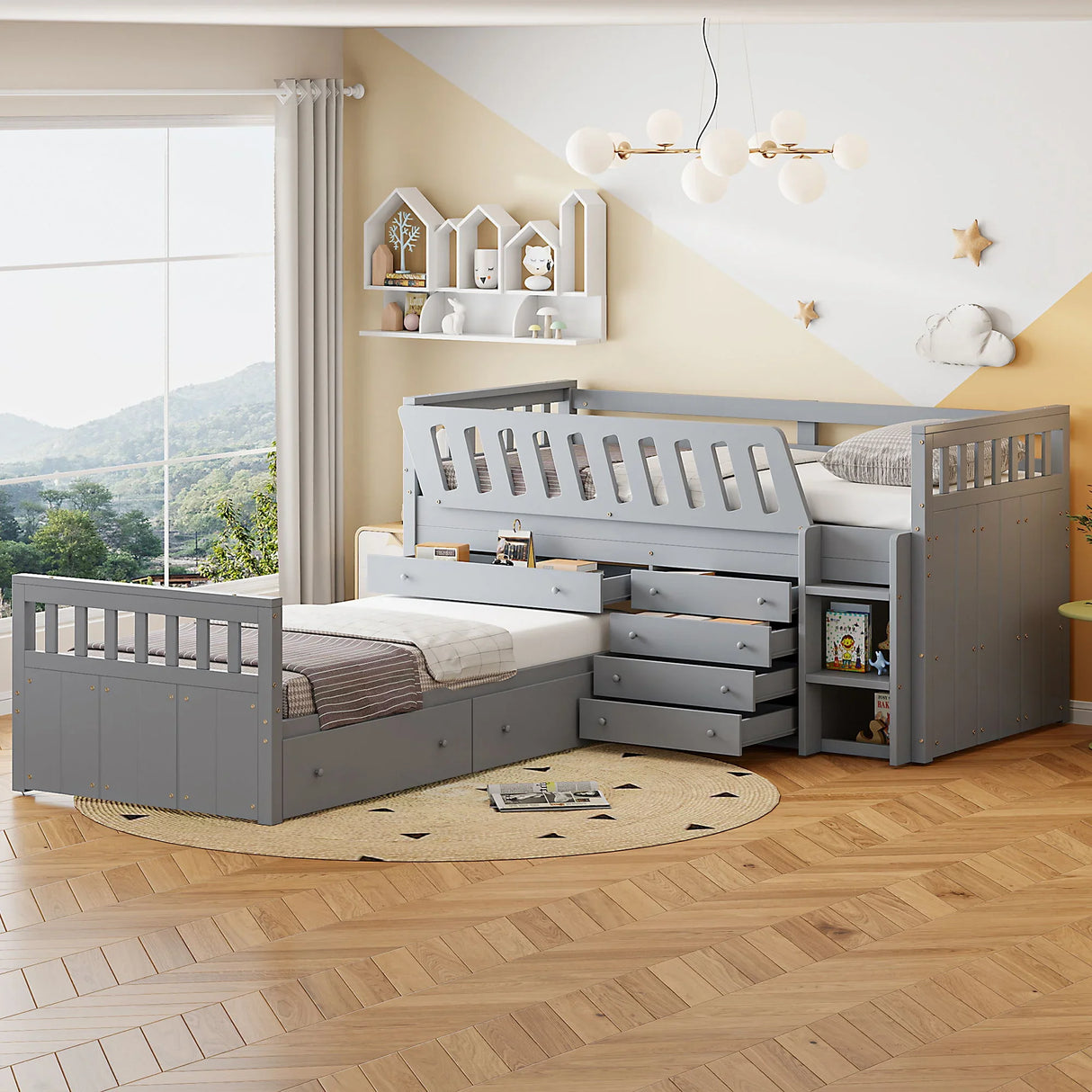 Loft Platform Bed With 7 Drawers And Full Guardrails, Modern L Shaped Space Savin - Furniture Home Direct