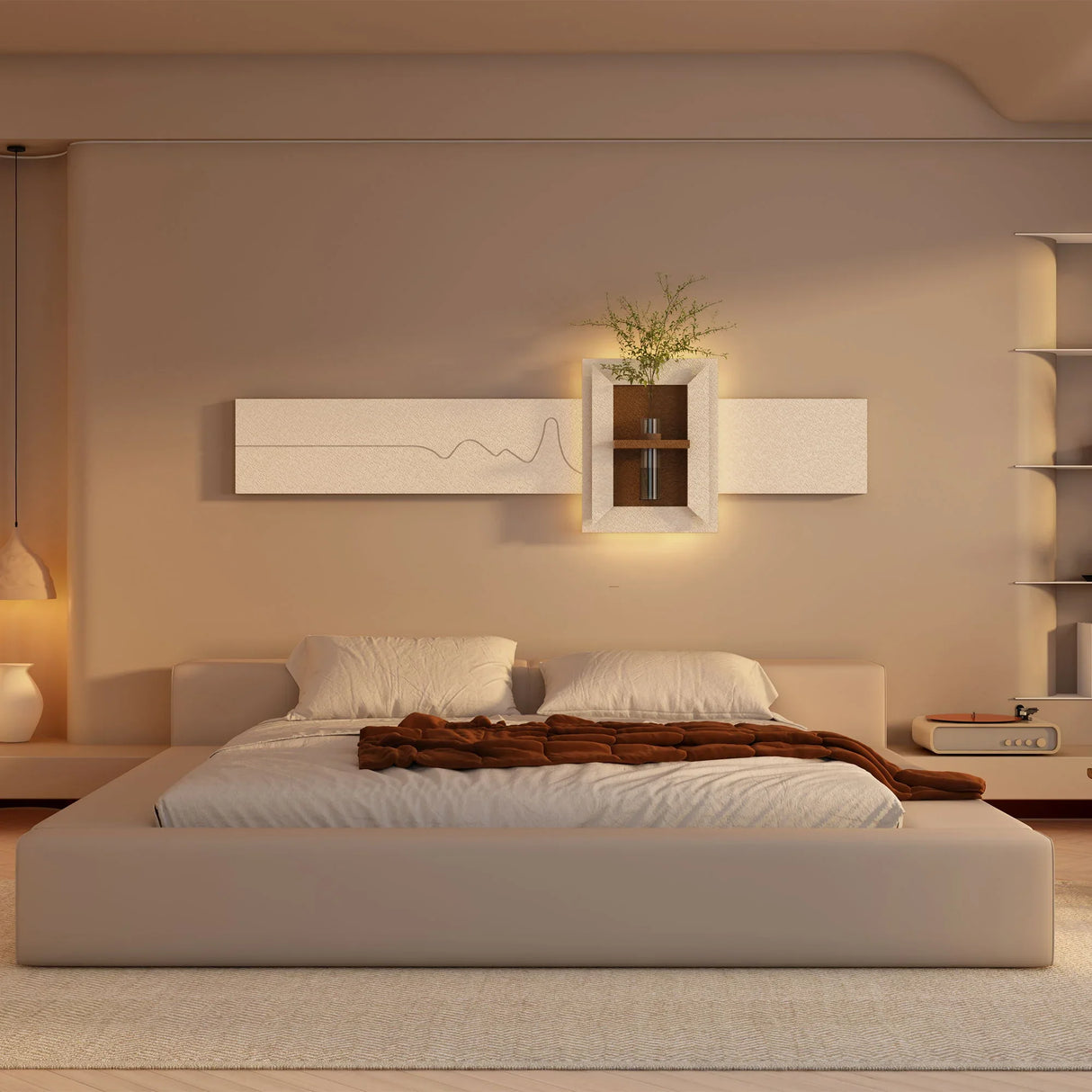 3D LED Sandstone Wall Decor With Simulated Plants, Glass Vase & Remote Control - Light Coffee - Furniture Home Direct