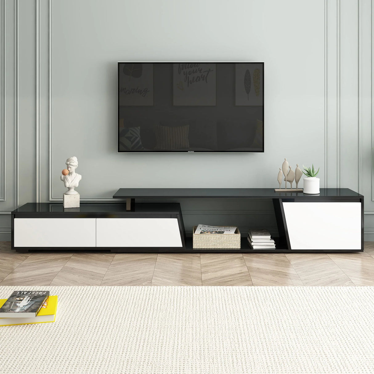 Minimalist Rectangle Extendable TV Cabinet With 2 Drawers And 1 Cabinet - Furniture Home Direct