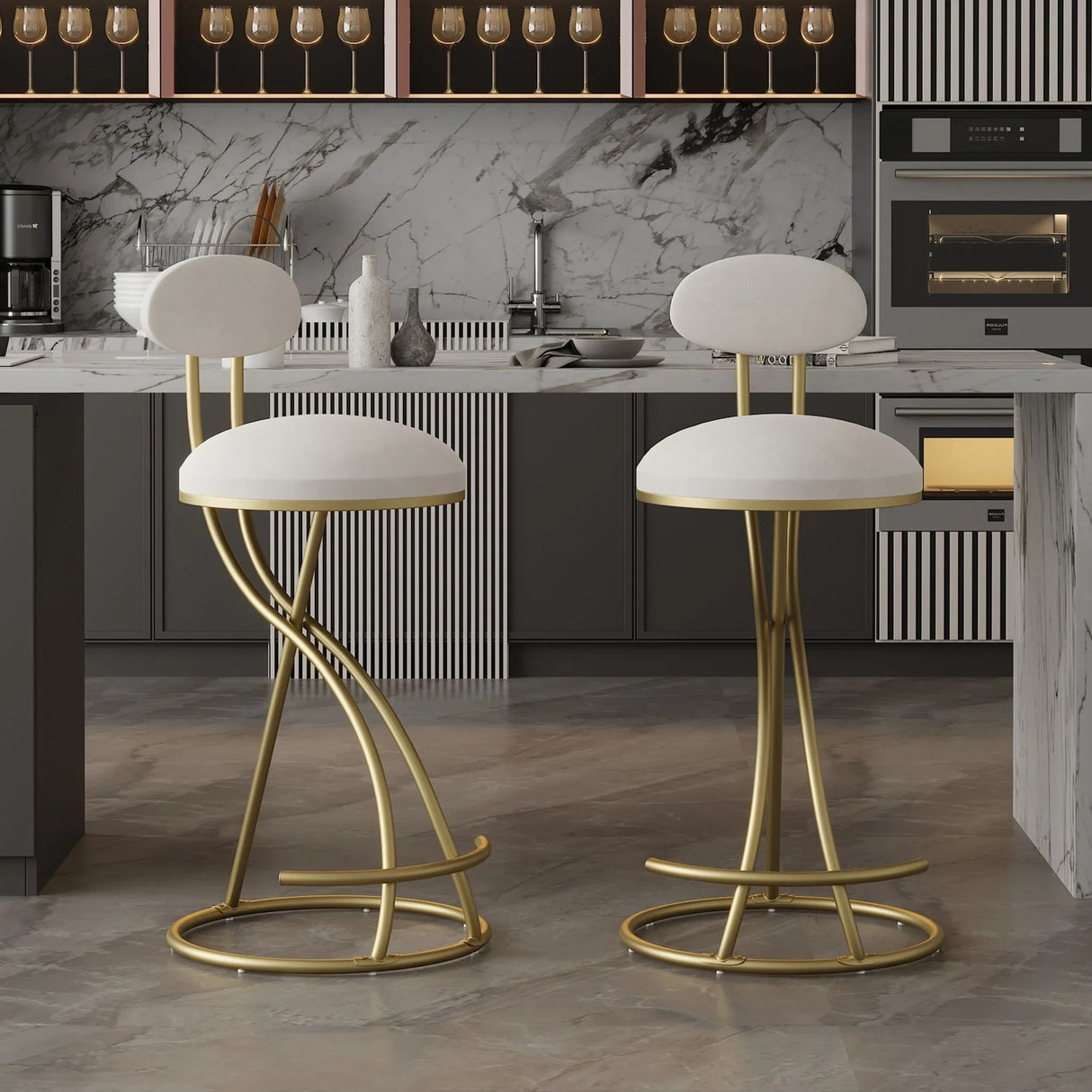 Bar Stools Upholstered Counter Height Barstools For Kitchen Island Modern PU Leather Dining Chairs With Footrest (Set of 2) - Furniture Home Direct