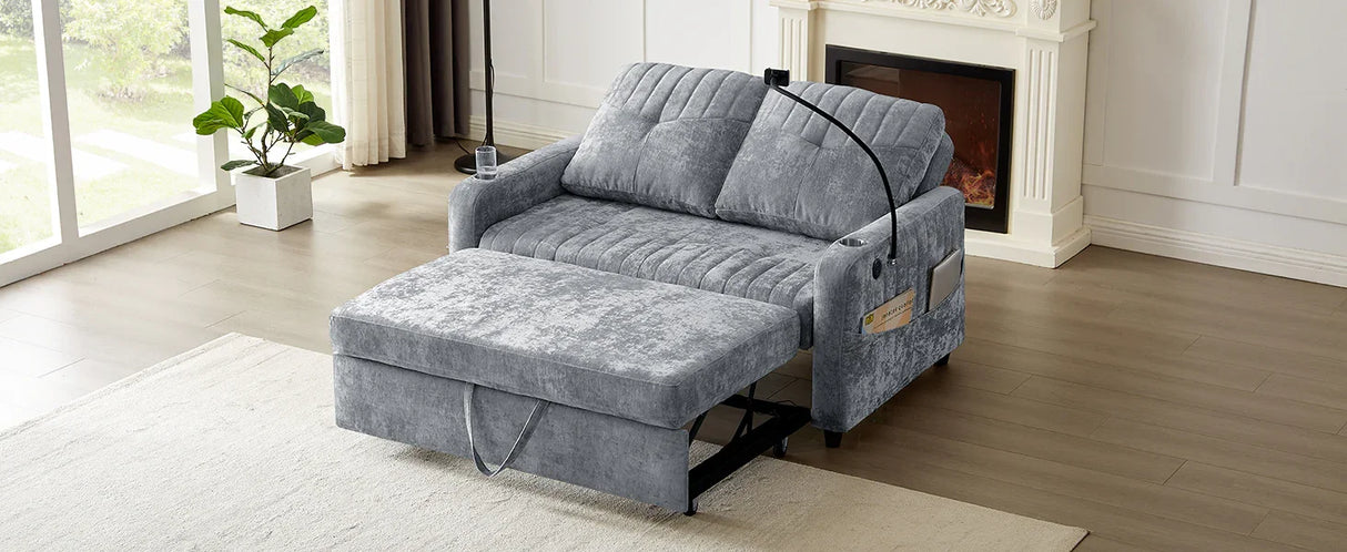 Sleeper Sofa With Adjustable Backrest, Two Cup Holders, Phone Holder, Three Charging Ports And Side Storage Pockets - Gray - Furniture Home Direct