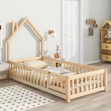 House-Shaped Headboard Floor Bed With Fence - Furniture Home Direct