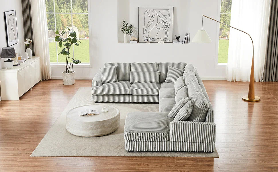Sectional Sofa Oversized U Shaped Corduroy Fabric Gray - Furniture Home Direct