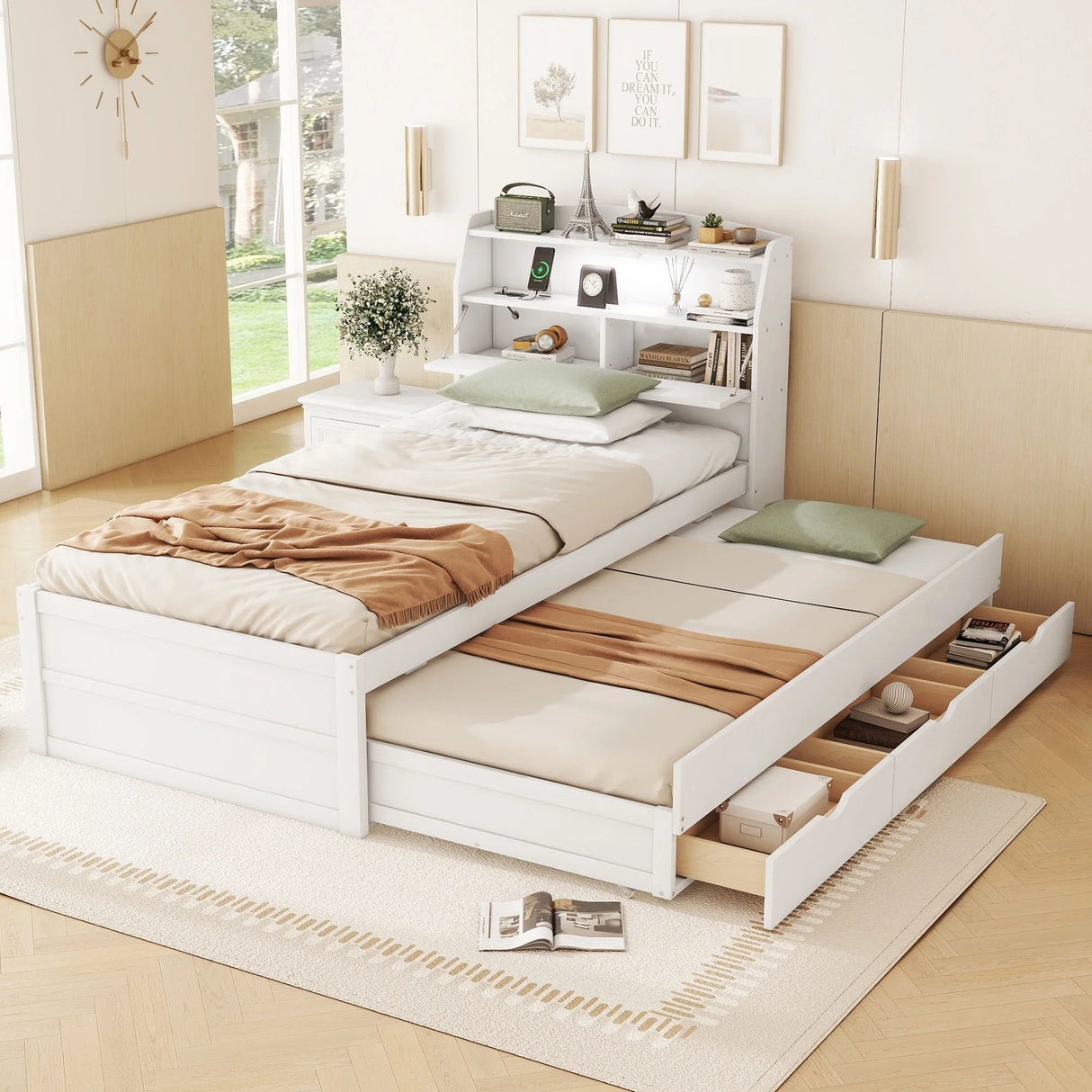 LED Platform Bed With Trundle With Storage Headboard With Drawers - Furniture Home Direct