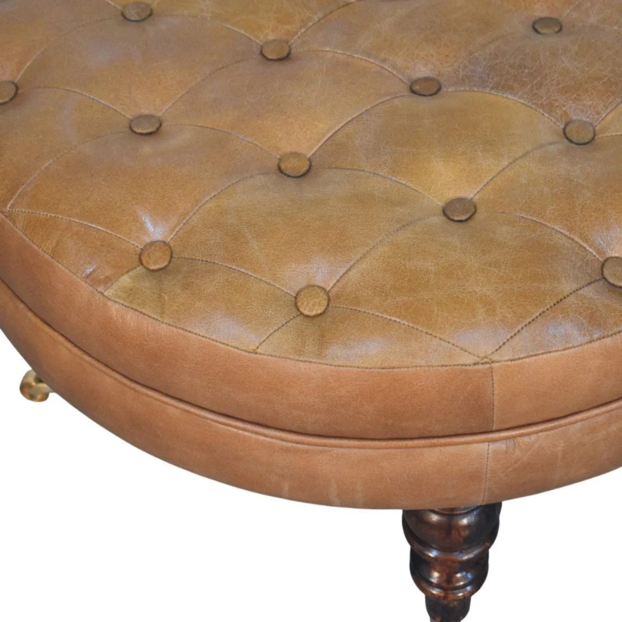 Buffalo - Leather Round Ottoman With Castor Legs - Brown - Furniture Home Direct