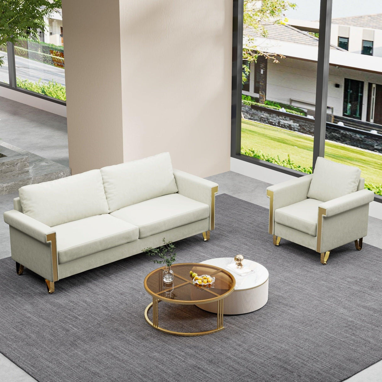 Sofa and Chair Velvet Elegant Living Room Two Piece - Beige - Furniture Home Direct
