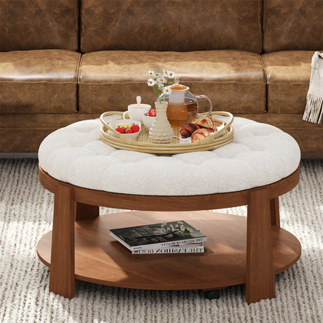Round Ottoman Coffee Table with Upholstered Top Ivory White - Furniture Home Direct