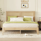 Queen Size Rubber Wooden, Solid Wooden Bed With Rattan Headboard, Enhanced By Support Feet - Natural - Furniture Home Direct
