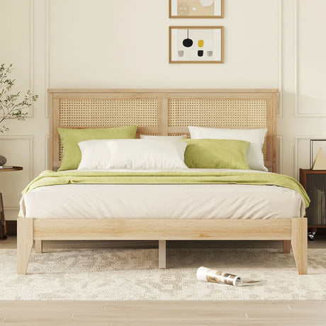 Queen Size Rubber Wooden, Solid Wooden Bed With Rattan Headboard, Enhanced By Support Feet - Natural - Furniture Home Direct