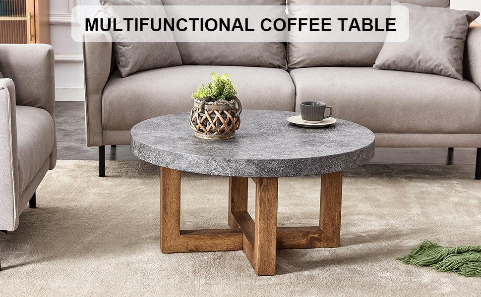 Coffee Table Round Stone Finish Wood Base Contemporary Gray - Furniture Home Direct
