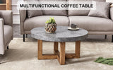 Coffee Table Round Stone Finish Wood Base Contemporary Gray - Furniture Home Direct