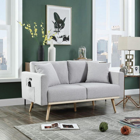 Easton - Linen Fabric Loveseat With USB Charging Ports Pockets And Pillows - Furniture Home Direct