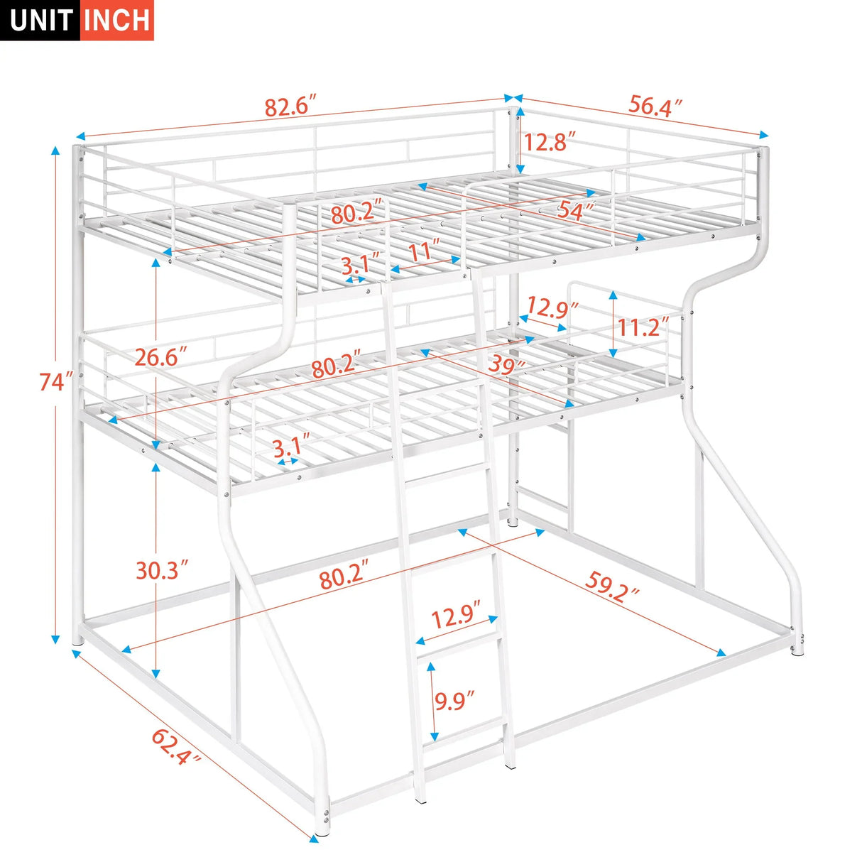 Full Long Over Twin Long Over Queen Size Triple Bunk Bed With Long And Short Ladder - White - Furniture Home Direct