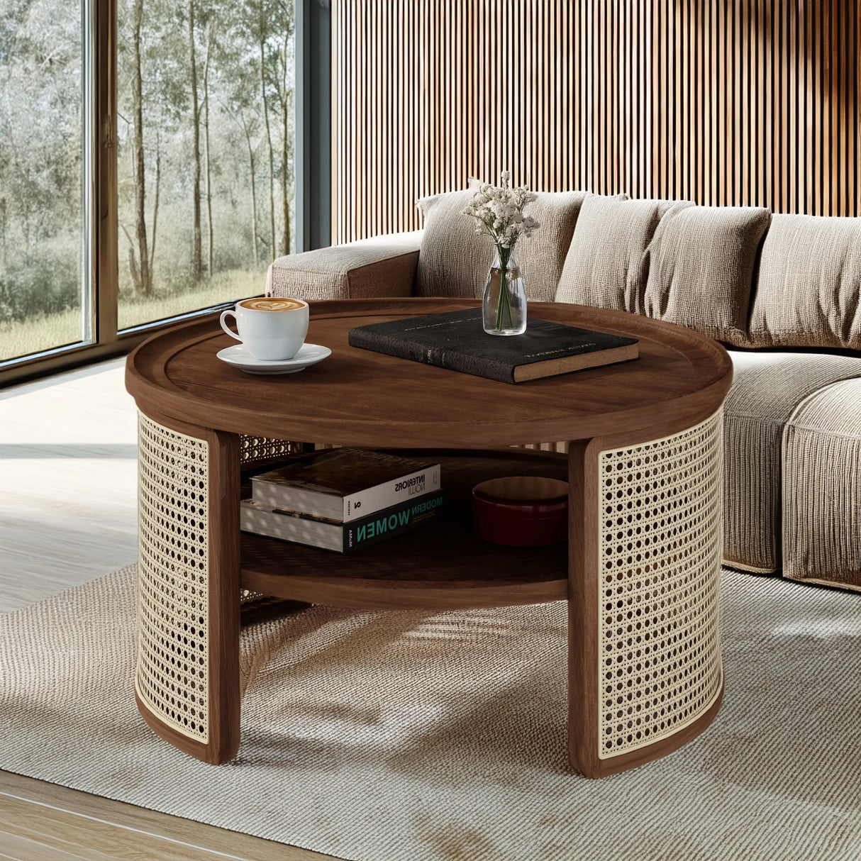 2-Tiered Round Walnut Wood Coffee Table - Furniture Home Direct