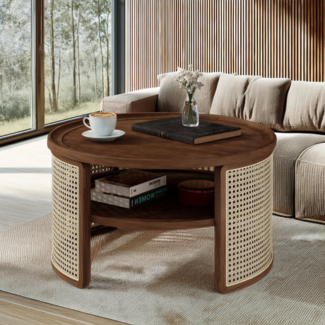 2-Tiered Round Walnut Wood Coffee Table - Furniture Home Direct