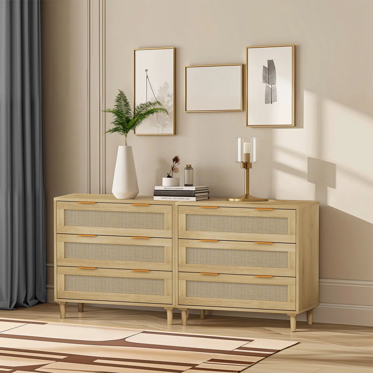 3 Drawers Rattan Storage Cabinet Rattan Drawer, For Bedroom, Living Room, Dining Room, Hallways (Set of 2) - Oak - Furniture Home Direct