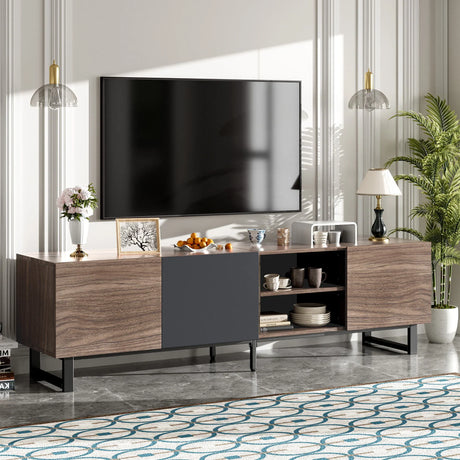 Modern TV With 3 Cabinets & Open Shelves, Color-Matching Media Console Table For Tvs Up To 80'', Entertainment Center With Drop Down Door For Living Room - Dark Brown - Furniture Home Direct