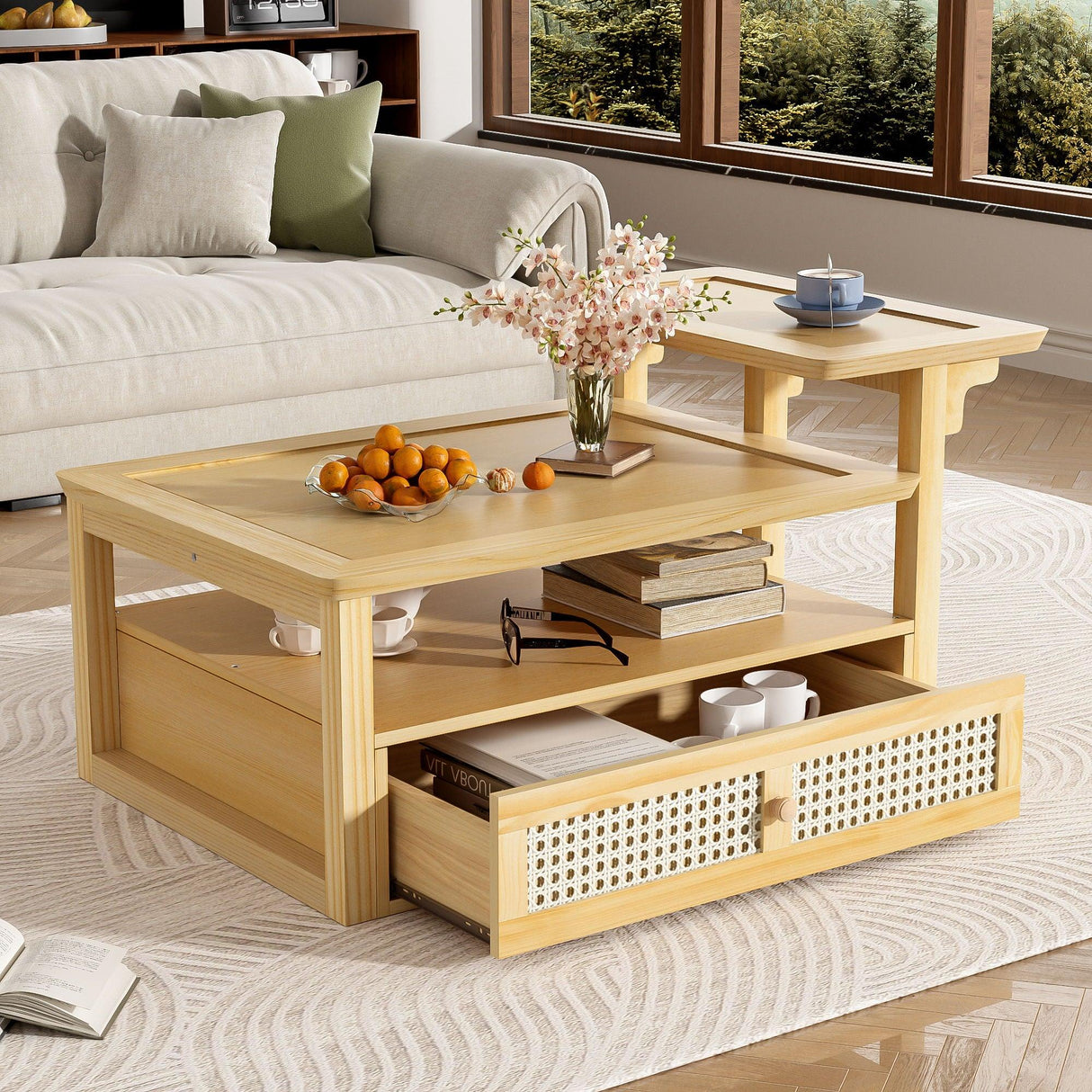 Coffee Table With 1 Storage Shelf, 2 Tabletops And 1 Rattan Drawer - Furniture Home Direct