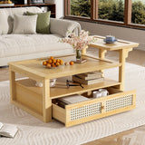 Coffee Table With 1 Storage Shelf, 2 Tabletops And 1 Rattan Drawer - Furniture Home Direct