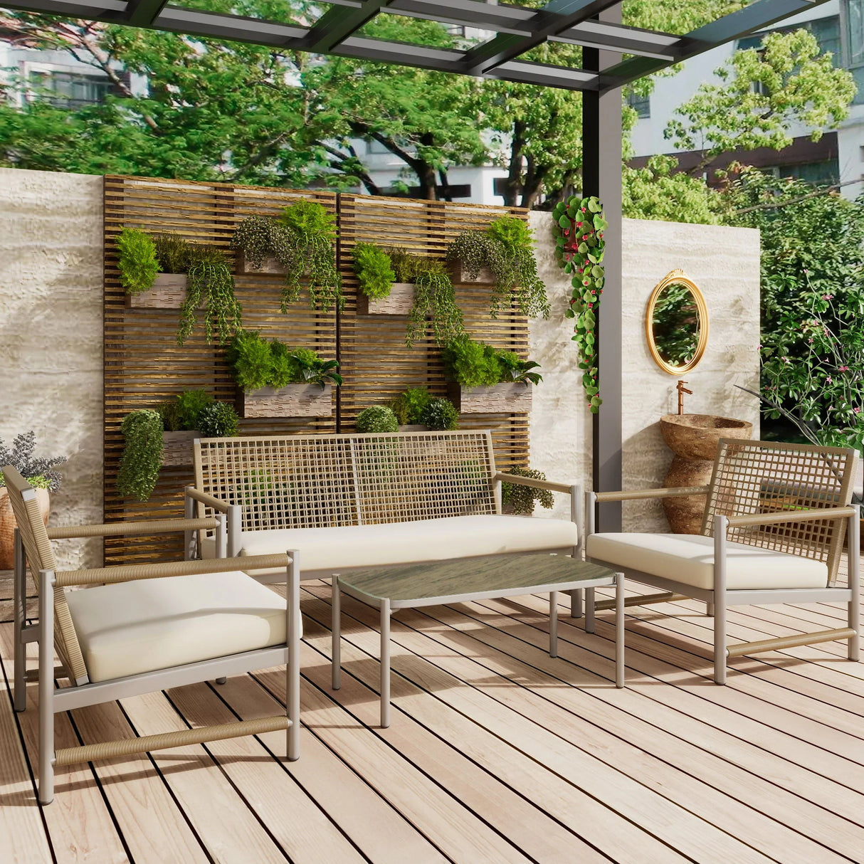 4 Pieces Patio Furniture Set, PE Rattan Wicker With Washable Cushion And Tempered Glass Tabletop, Conversation Furniture For Garden Poolside Balcony - Furniture Home Direct