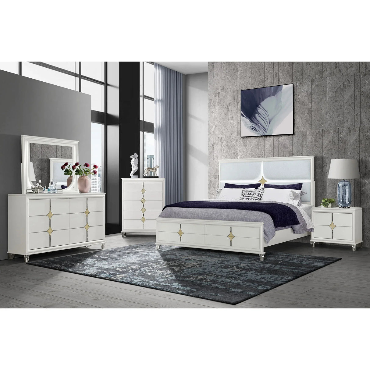 Uriuni - 5 Piece King Bedroom Set With Panel Headboard And LED Lighting - Gold / White - Furniture Home Direct