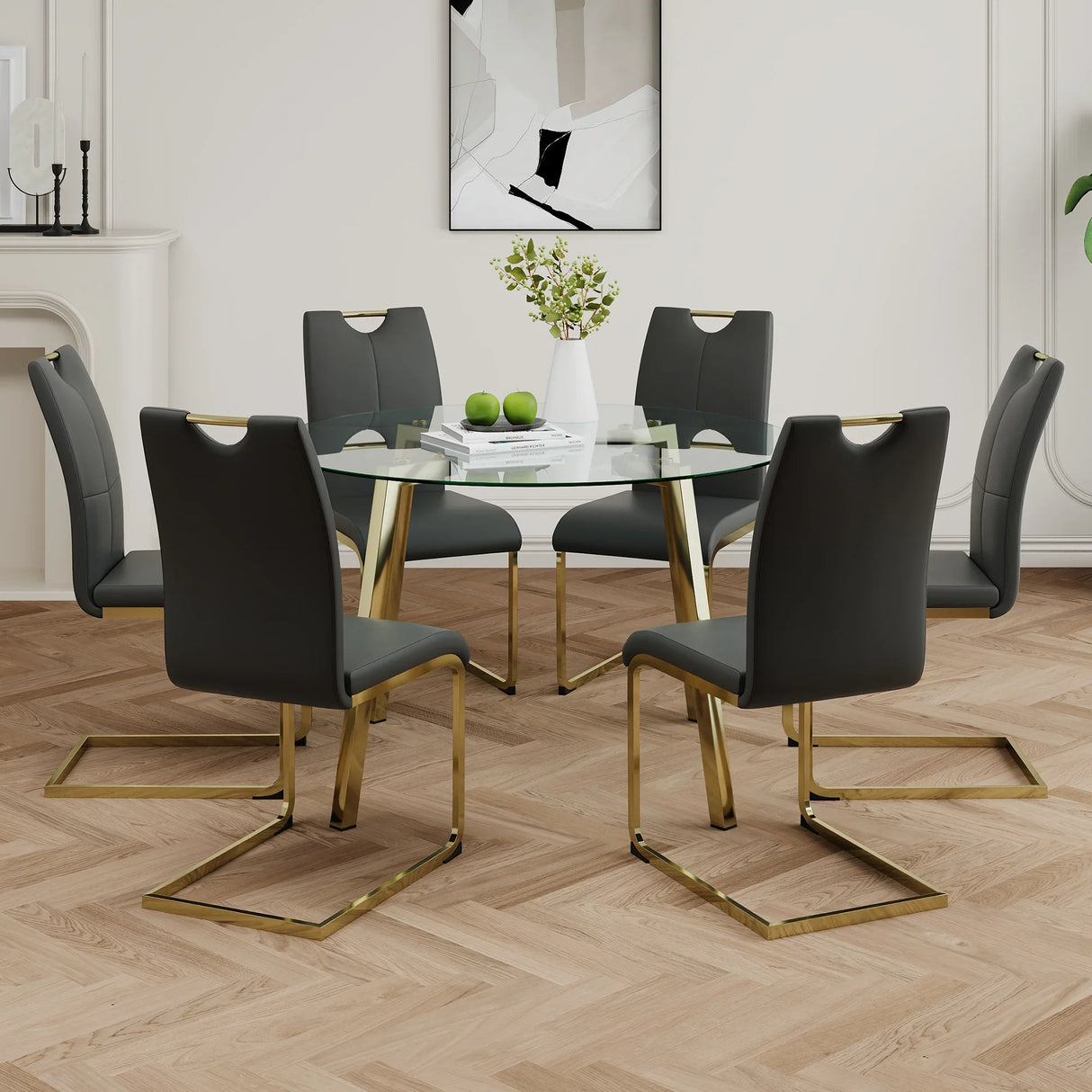 Dining Set Glass Table With Gold Frame Chairs Charcoal - Furniture Home Direct