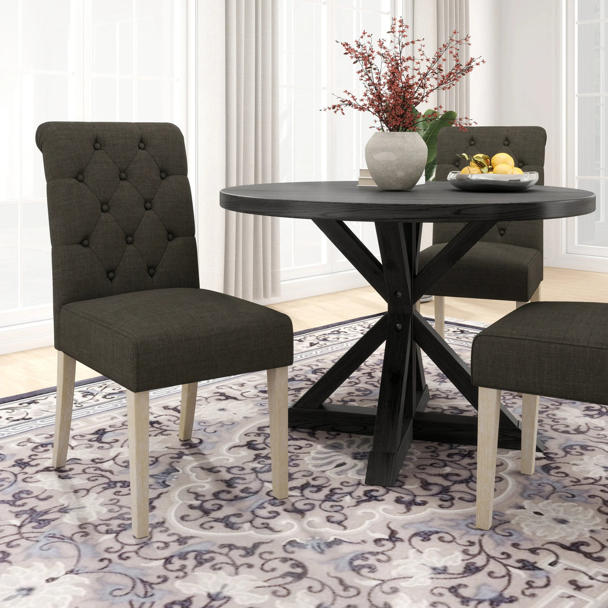 Dining Set Round Table With Tufted Chairs Charcoal - Furniture Home Direct
