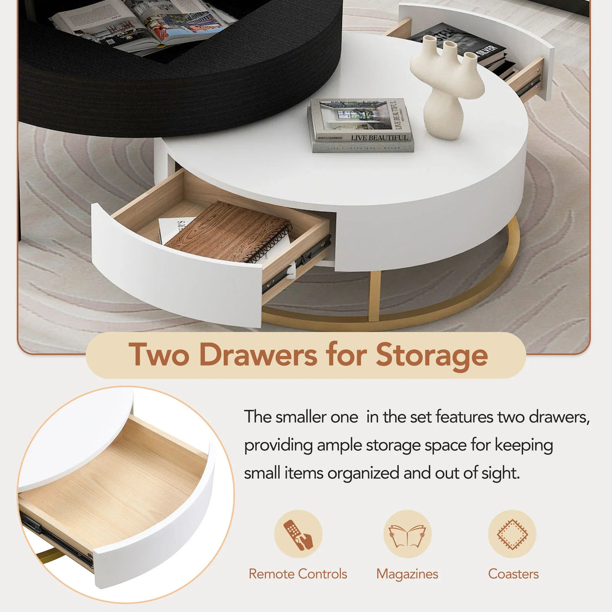 Nesting Coffee Tables Round Lift-Top Modern Black and White - Furniture Home Direct