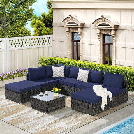 Outdoor Sectional Set With Glass Coffee Table - Dark Blue - Furniture Home Direct