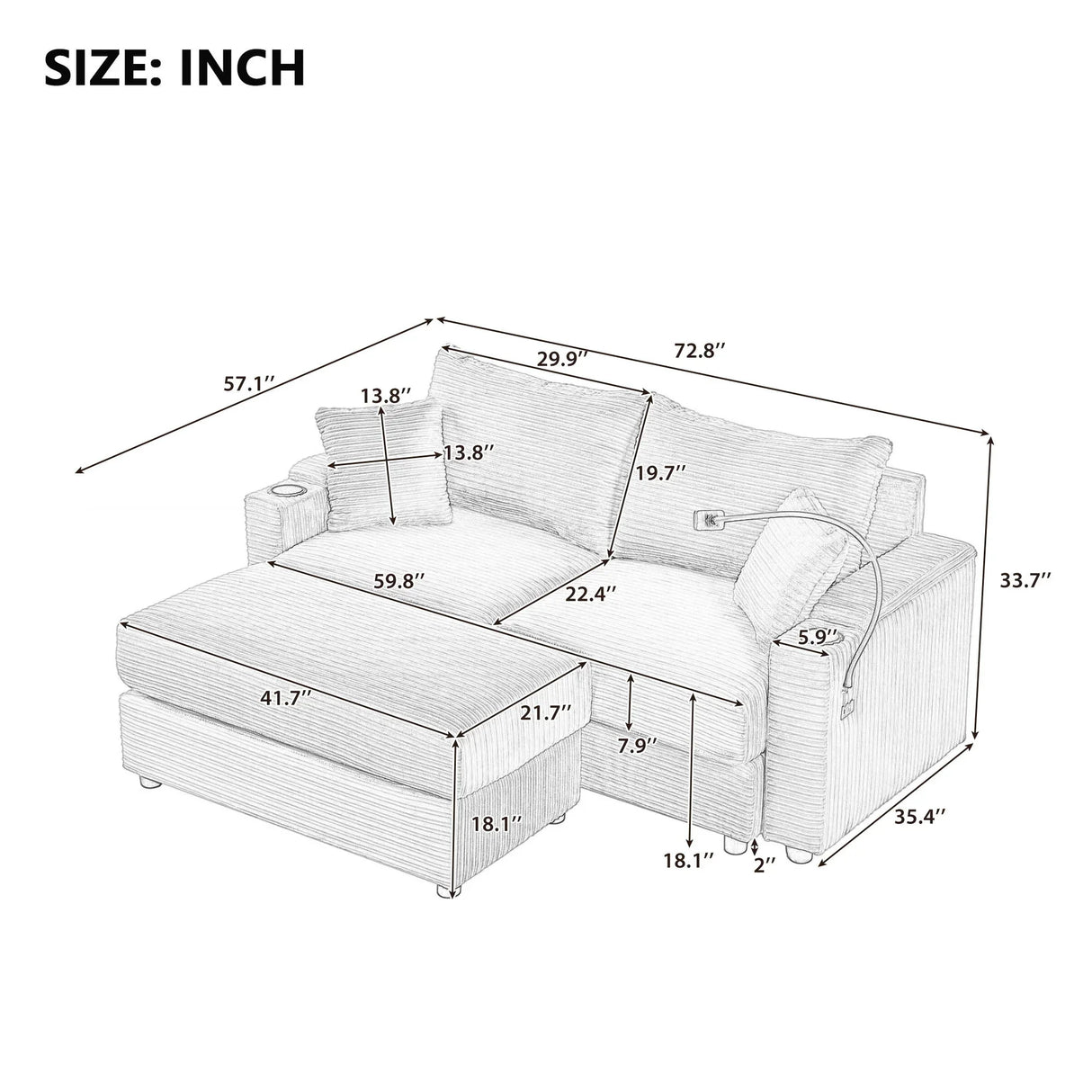 Modern Style Loveseat Sofa Sectional Sofa Couch With Storage Space, A Movable Ottoman, Two USB Ports, Two Cup Holders, A Phone Holder For Living Room - Furniture Home Direct