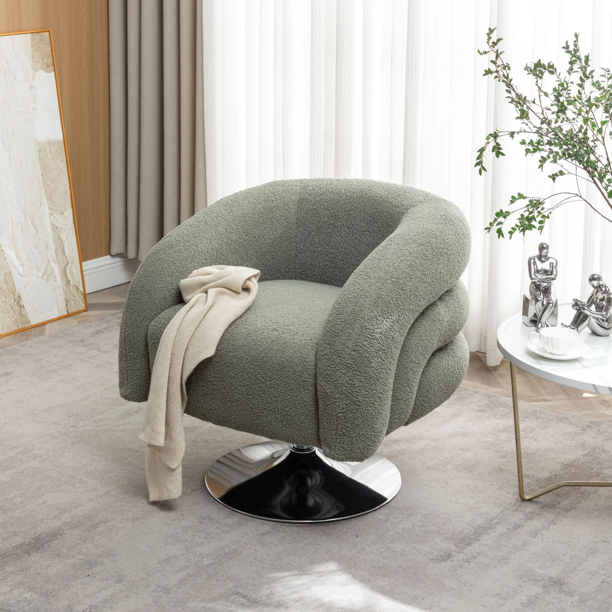 Modern Style Single Swivel Sofa Chair, Teddy Upholstered Single Sofa With Round And Fluffy Reading Chair, Suitable For Living Room - Furniture Home Direct