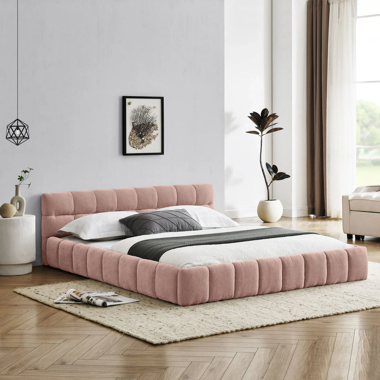 Modern Platform Bed Frame With Thick Chenille Fabric - Furniture Home Direct